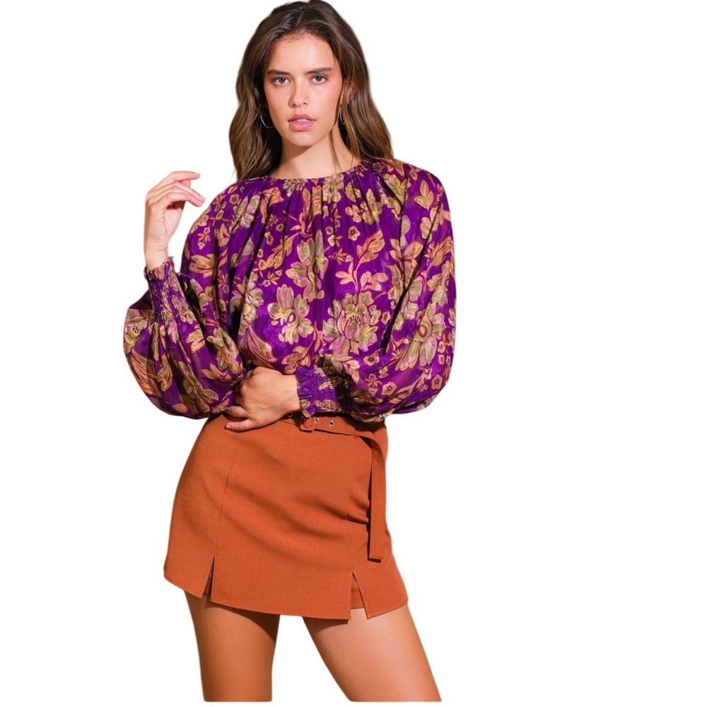Flying Tomato Romantic Boho Purple Floral Balloon Sleeve Smocked Blouse NEW S